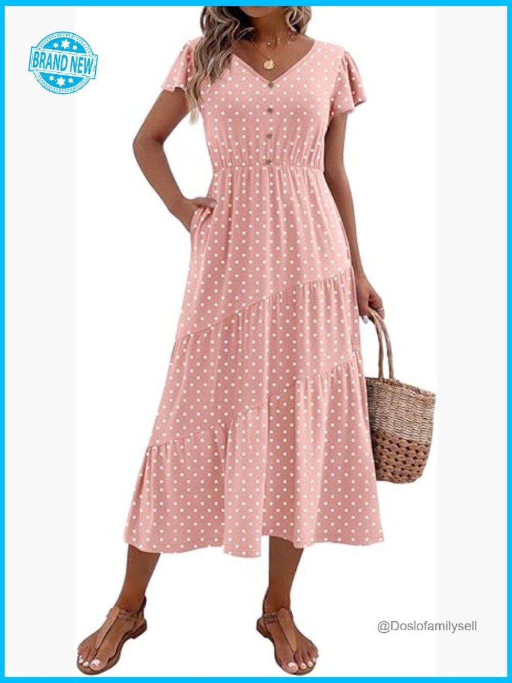 Flutter Short Sleeve V Neck Button Tiered A Line Midi Dress with Pockets